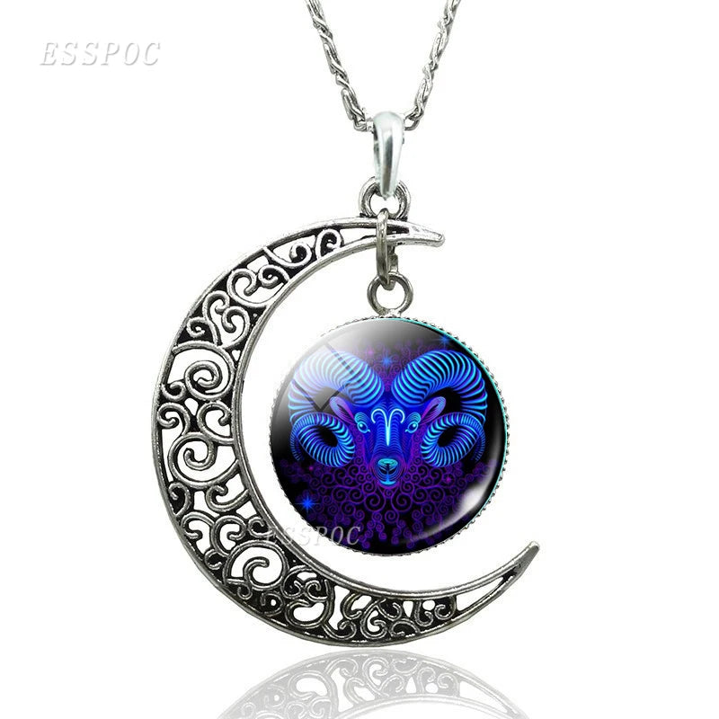 Constellation Zodiac Sign Glass Crescent Moon Pendant