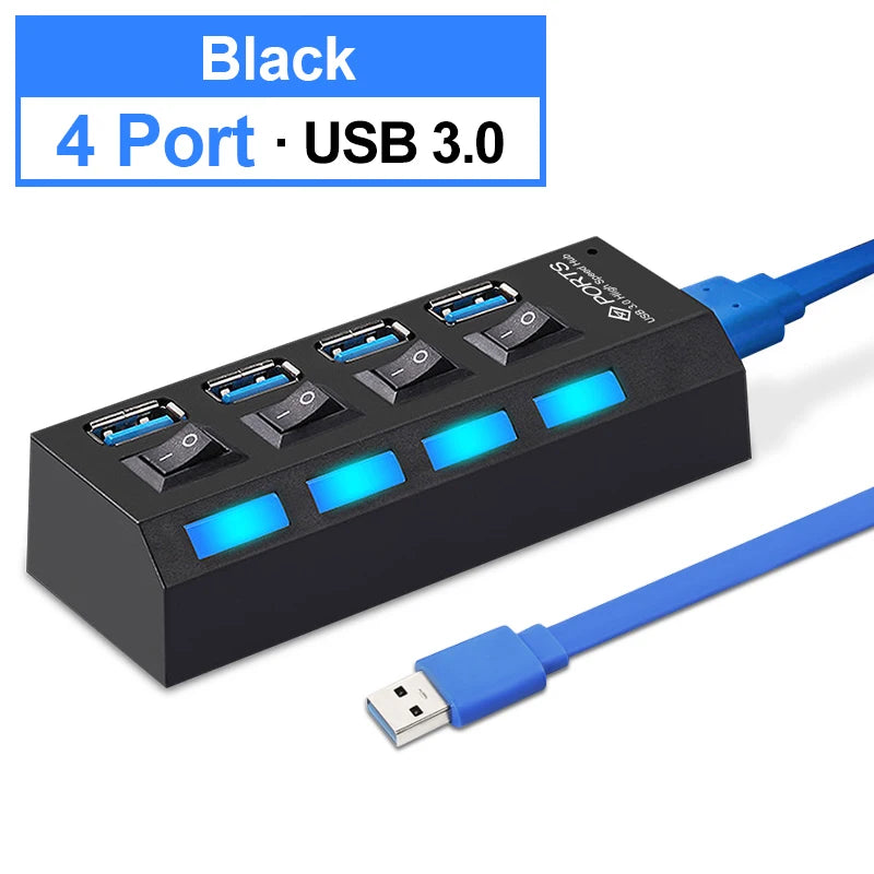 USB Splitter 4 Port Power Adapter Hub with independent Switch.