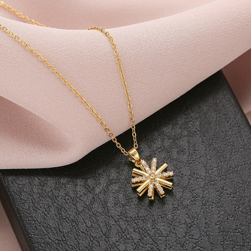 Stainless Steel Rotating Sunflower Pendant Necklace for Women Jewelry Luxury Fashion Zirconia Choker Necklaces