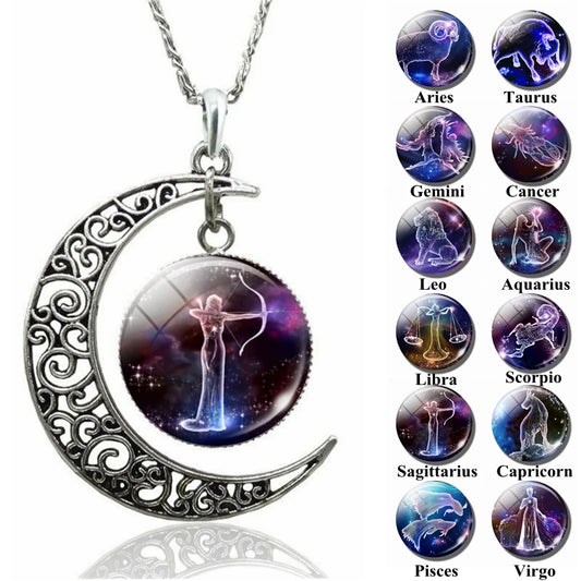 Constellation Zodiac Sign Glass Crescent Moon Pendant