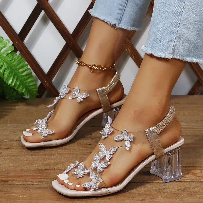 Rhinestone Butterfly Elastic High Heel Sandals