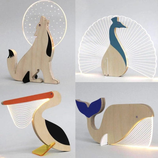 Wooden & Acrylic LED Decorative Light - (Variants) Pelican, Whale, Peacock, Wolf