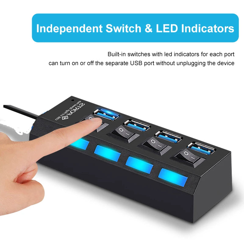 USB Splitter 4 Port Power Adapter Hub with independent Switch.