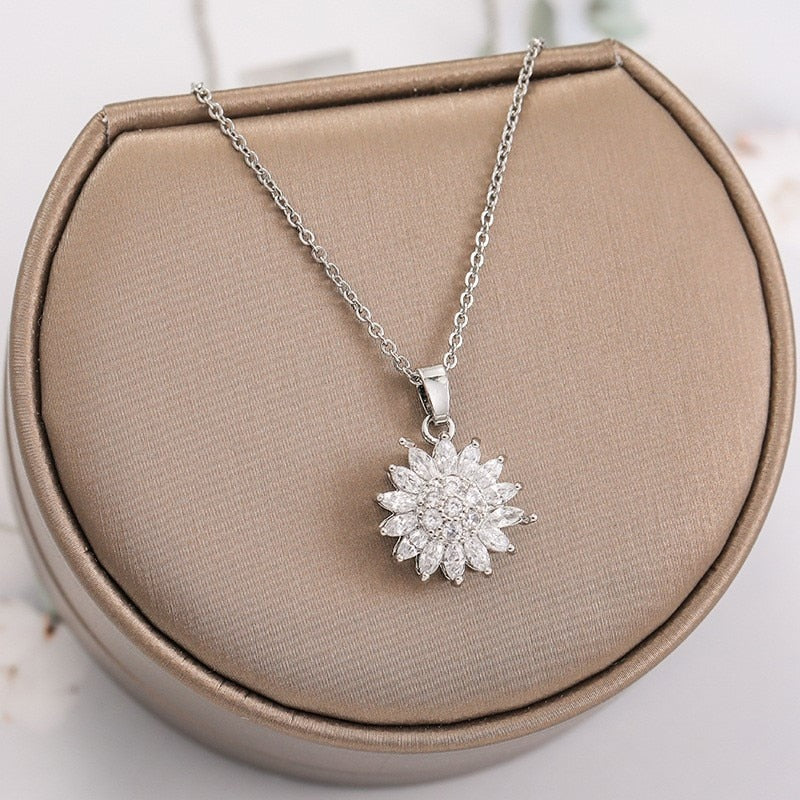 Stainless Steel Rotating Sunflower Pendant Necklace for Women Jewelry Luxury Fashion Zirconia Choker Necklaces