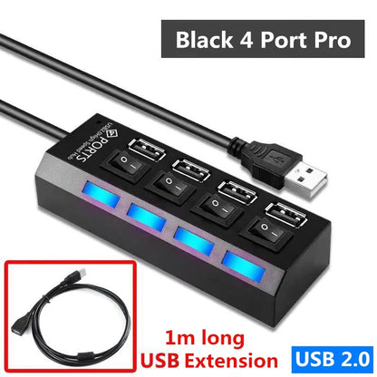 USB Splitter 4 Port Power Adapter Hub with independent Switch.