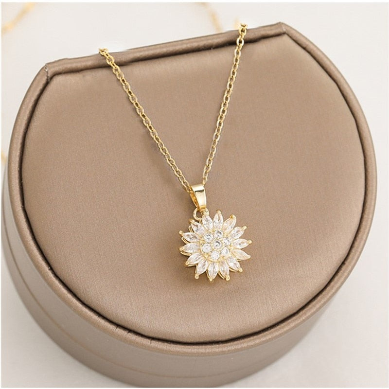 Stainless Steel Rotating Sunflower Pendant Necklace for Women Jewelry Luxury Fashion Zirconia Choker Necklaces