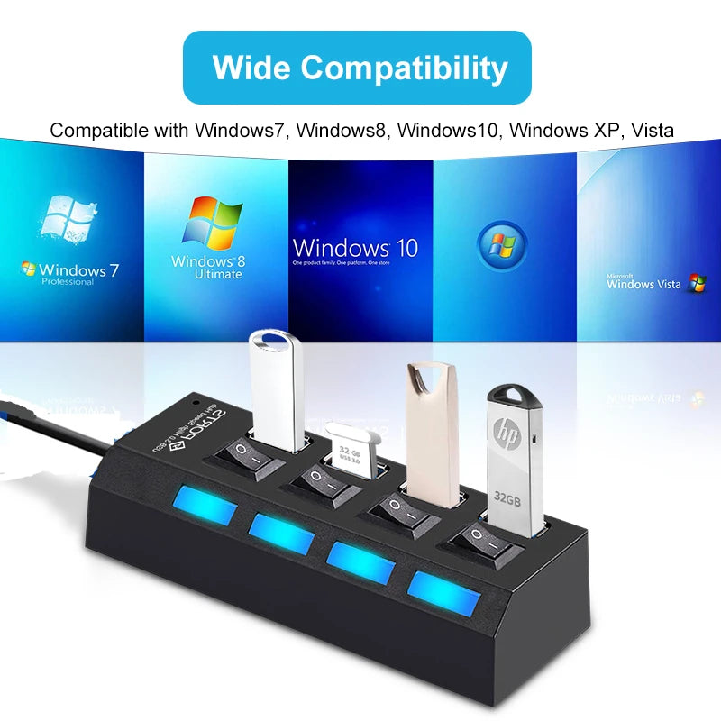 USB Splitter 4 Port Power Adapter Hub with independent Switch.